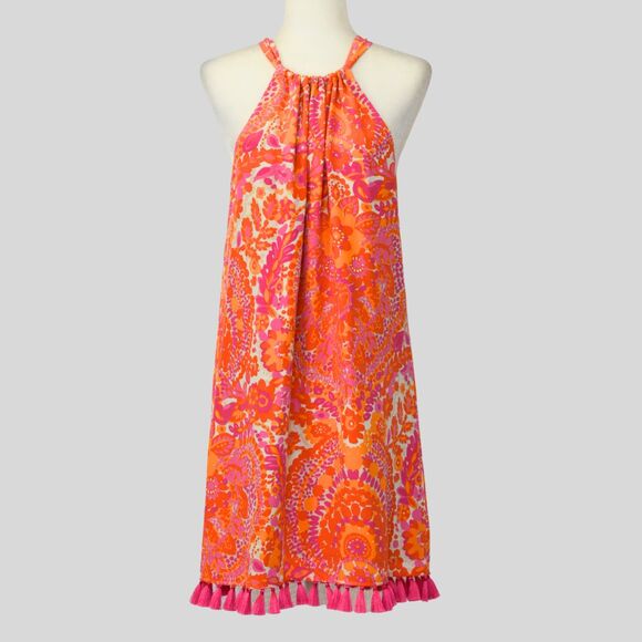TRINA TURK Women's Peony Lined Tassel Trim Shift %100 Silk Dress Size 12 - Picture 2 of 11